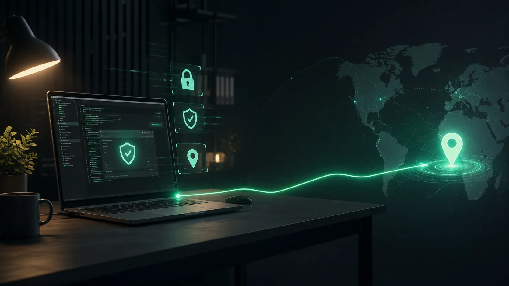 Illustration of a Claude Code developer reducing account-risk signals with a fixed network route